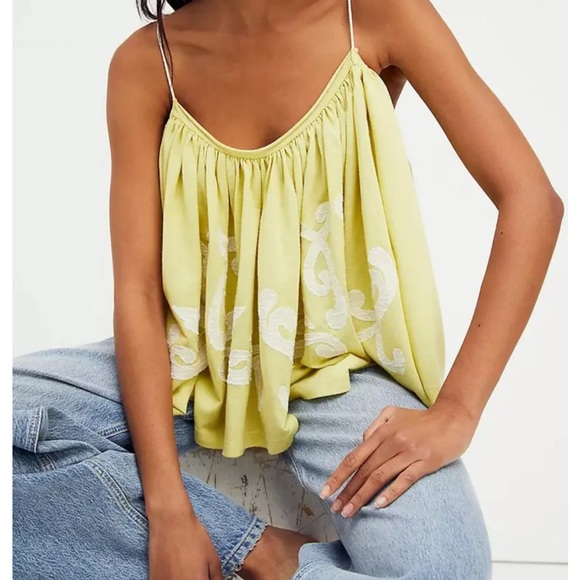 Free People Tops - NEW Free People On Clouds Yellow Flowy Embroidered Swing Tank Top Size Large